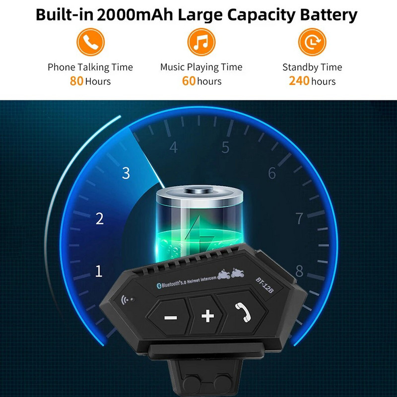 BT12 ūdensizturīga motocikla ķivere ar Bluetooth saderīgas austiņas Bezvadu brīvroku motoaustiņas Mūzikas ķivere Brīvroku zvans MP3