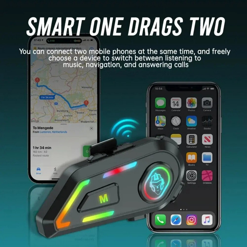 DK03 Slušalice za motociklističku kacigu Stereo Bluetooth Hands Free Call IPX6 Vodootporan 2200mAh s trobojnim ambijentalnim svjetlom