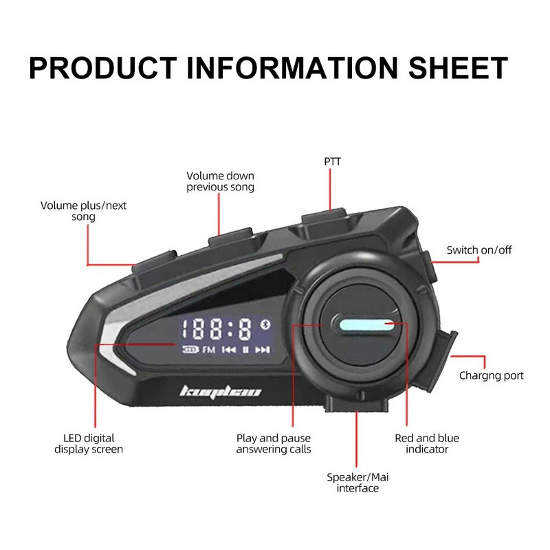 Digitális sisakos fejhallgató K20 Bluetooth 5.1 Moto kihangosító vezeték nélküli készlet FM rádió zajcsökkentéssel, hangasszisztens funkcióval