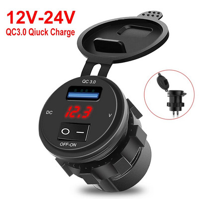 12V/24V QC 3.0 utičnica za auto punjač s prekidačem ON-OFF USB adapter za brzo punjenje Digitalni voltmetar Zaslon za automobil motocikl