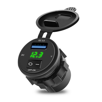 12V/24V QC 3.0 autolaadija pistikupesa sisse-välja lülitiga USB kiirlaadimisadapteri digitaalse voltmeetri ekraan auto mootorratta jaoks