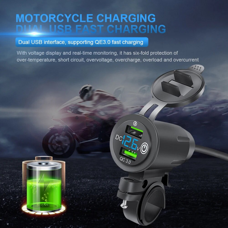 DC 12V-24V Dual USB motorkerékpár kormányrúd töltő adapter QC 3.0 USB Fast Charger tápegység aljzat iPhone Samsung Huawei készülékhez