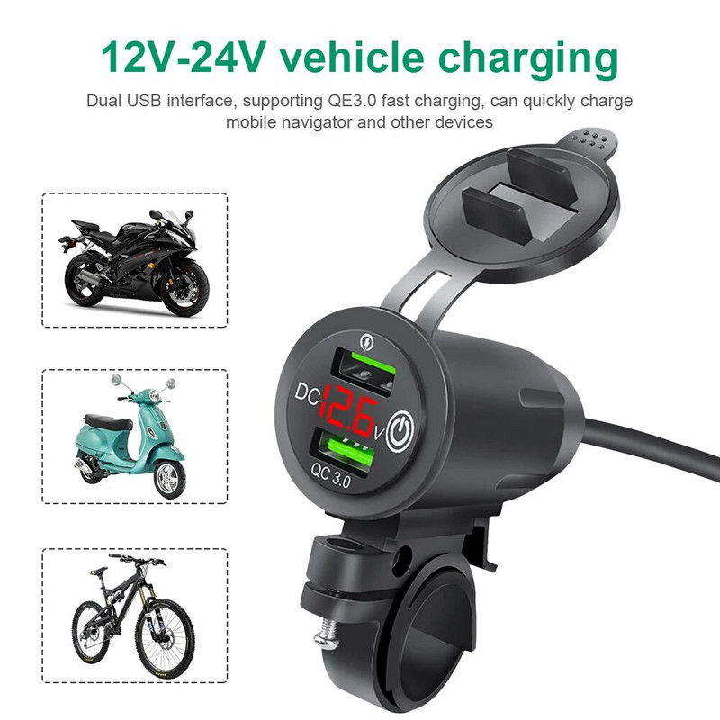 DC 12V-24V Dual USB motorkerékpár kormányrúd töltő adapter QC 3.0 USB Fast Charger tápegység aljzat iPhone Samsung Huawei készülékhez