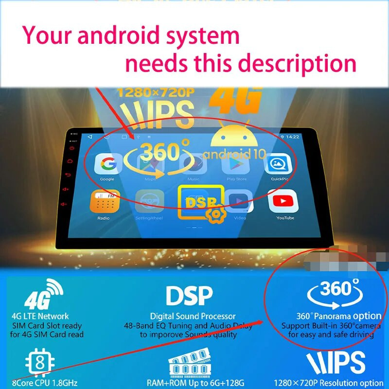 Android multimédiás rendszerhez beépített 360°-os panoráma kamera funkcióval 720P HD hátul/elöl/bal/jobb 360 madártávlat rendszer