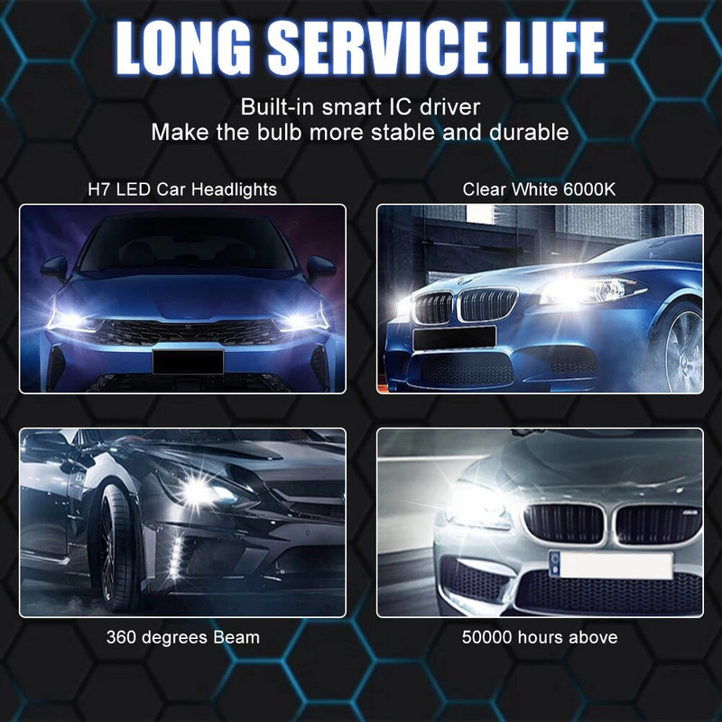 2gab H7 LED priekšējo lukturu spuldžu komplekts Auto miglas lukturis 110W īpaši spilgts 6000k balts priekšējais lukturis tālās tuvās gaismas transportlīdzekļiem