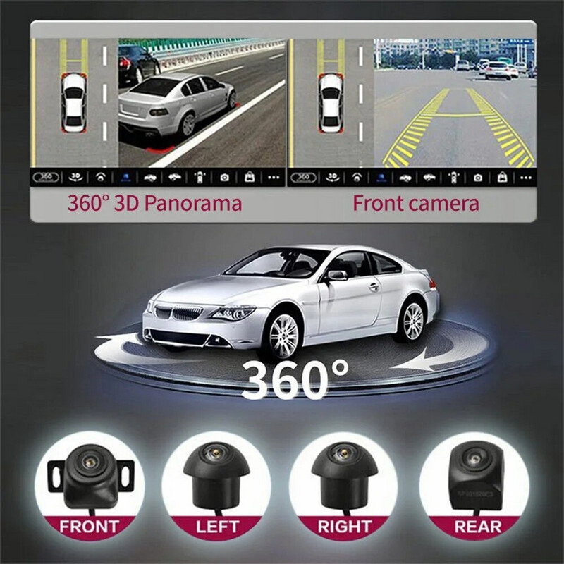 Automašīnas 1080P AHD 360 kamera panorāmas telpiskais skats pa labi+kreisais+priekšējais+atpakaļskata kameru sistēma Android Auto Radio nakts redzamībai