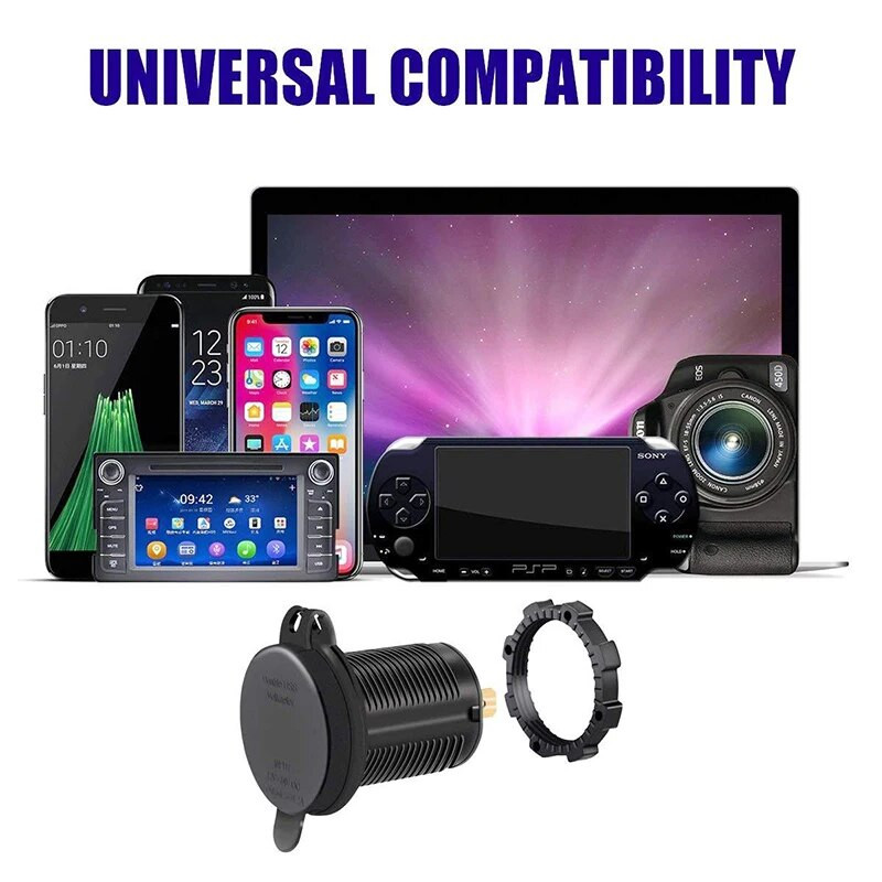 Dubultā USB lādētāja ligzda, ūdensnecaurlaidīga strāvas kontaktligzda 2,1 A 2,1 A ar voltmetru un vadu 10 A drošinātāju, kas paredzēts 12–24 V automašīnu laivas motociklam