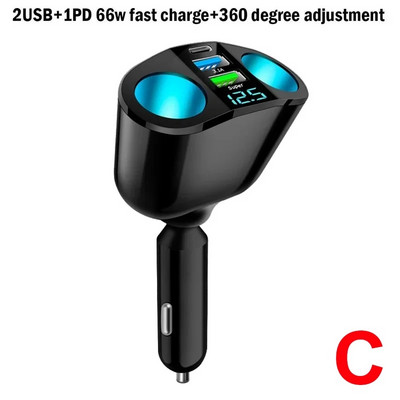 Automašīnas cigarešu šķiltavas 12V-24V ligzdas sadalītājs zils atmosfēras apgaismojums PD QC3.0 2 USB lādētājs C porti mobilā tālruņa DVR uzlādei