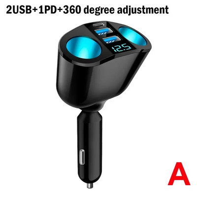 Automašīnas cigarešu šķiltavas 12V-24V ligzdas sadalītājs zils atmosfēras apgaismojums PD QC3.0 2 USB lādētājs C porti mobilā tālruņa DVR uzlādei