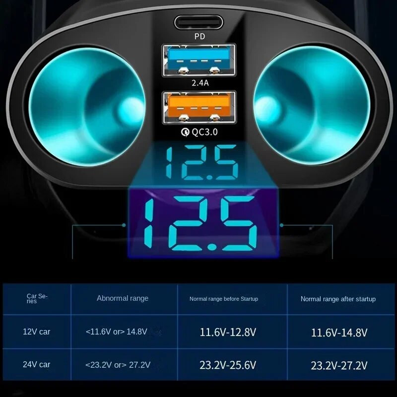 Automašīnas cigarešu šķiltavas 12V-24V ligzdas sadalītājs zils atmosfēras apgaismojums PD QC3.0 2 USB lādētājs C porti mobilā tālruņa DVR uzlādei