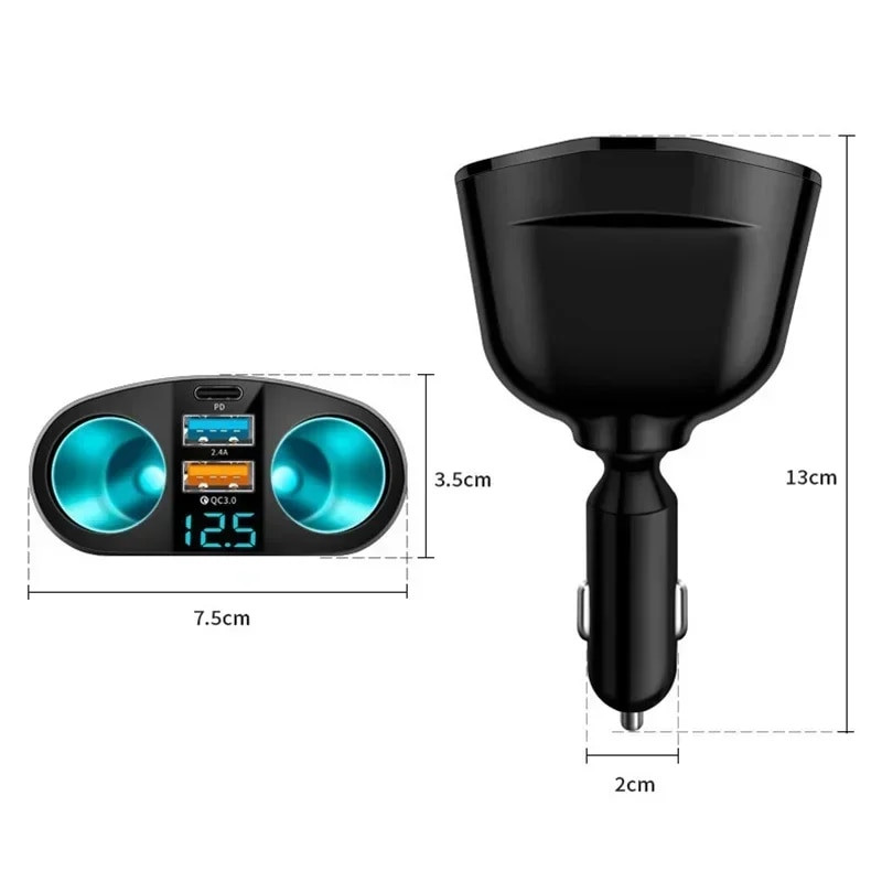 Automašīnas cigarešu šķiltavas 12V-24V ligzdas sadalītājs zils atmosfēras apgaismojums PD QC3.0 2 USB lādētājs C porti mobilā tālruņa DVR uzlādei