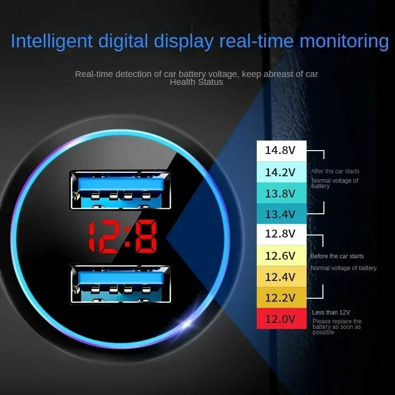 QC 3.0 automašīnas lādētājs, daudzfunkcionāls dubultais USB LED displejs, voltmetrs, monitori, automašīnas cigarešu šķiltavas lādētāja adapteris, automašīnas piederumi