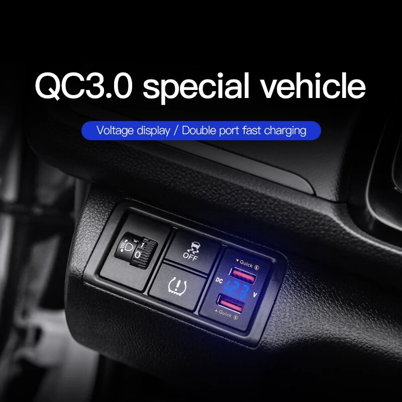 QC3.0 Dual Port Toma Fast Phone 12V lādētājs ar LED voltmetru Automašīnas USB iebūvēts ligzdas adapteris USB poga Honda Crv CB500X