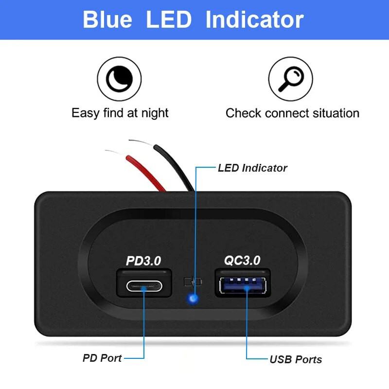12V RV USB sienas kontaktligzda 18W PD USB-C Quick Charge 3.0 USB-A ligzda Automašīnas lādētājs Ūdensizturīgs strāvas kontaktligzdas adaptera panelis ar LED