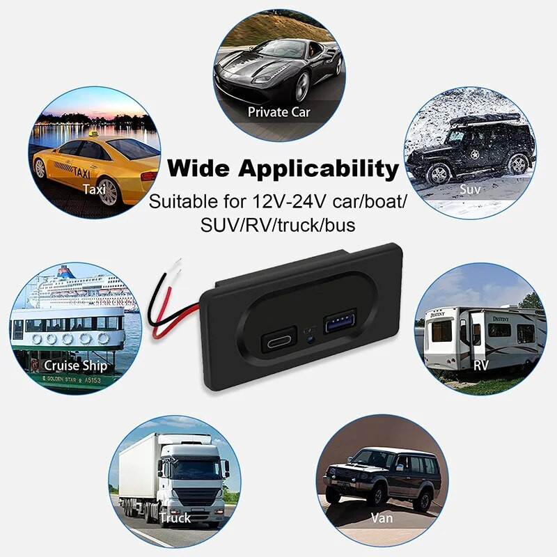 12V RV USB sienas kontaktligzda 18W PD USB-C Quick Charge 3.0 USB-A ligzda Automašīnas lādētājs Ūdensizturīgs strāvas kontaktligzdas adaptera panelis ar LED