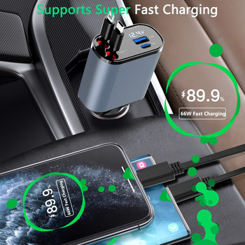 100w 4 В 1 Бързо автомобилно прибиращо се зарядно за кола USB тип C кабел за IPhone Samsung Кабел за бързо зареждане Адаптер за запалка