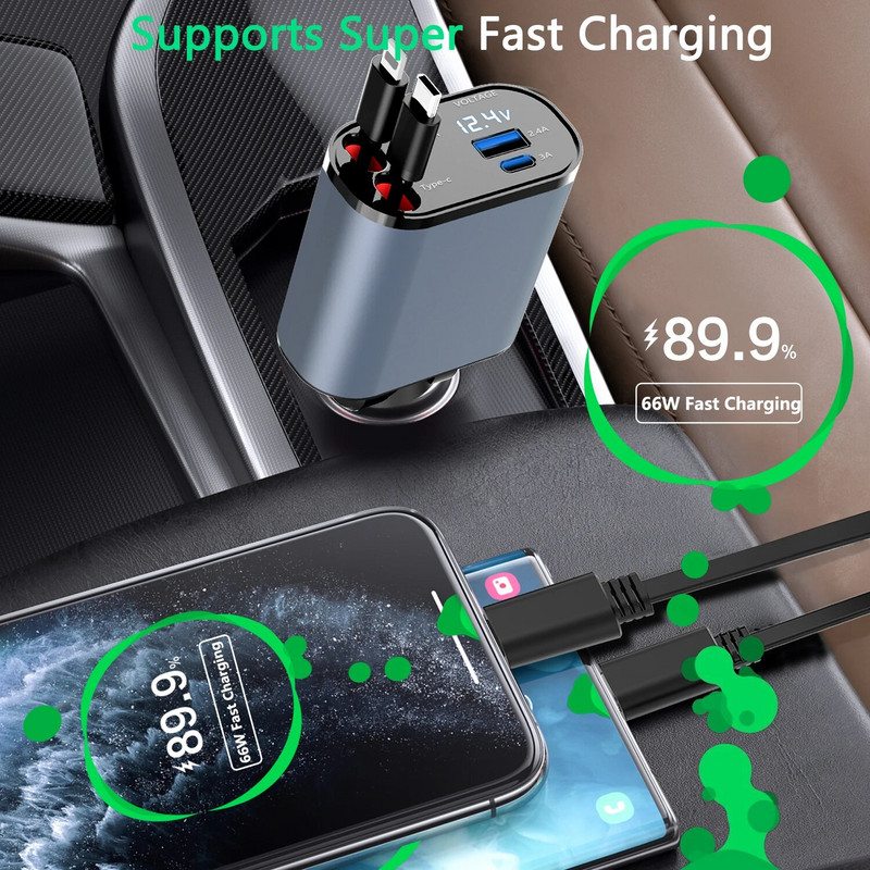 100w 4 IN 1 ātrs auto izvelkams automašīnas lādētājs C tipa USB vads iPhone tālrunim Samsung ātrās uzlādes vada cigarešu šķiltavas adapteris