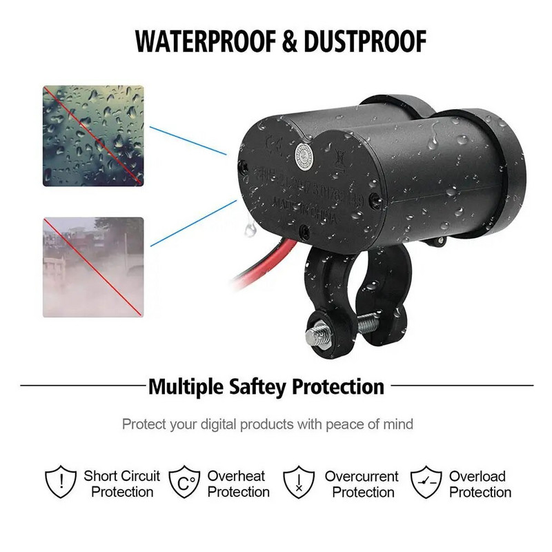 Ūdensizturīgs USB motocikla stūres lādētājs ar cigarešu šķiltavu adaptera barošanas ligzdu mobilajam tālrunim DC12-45V