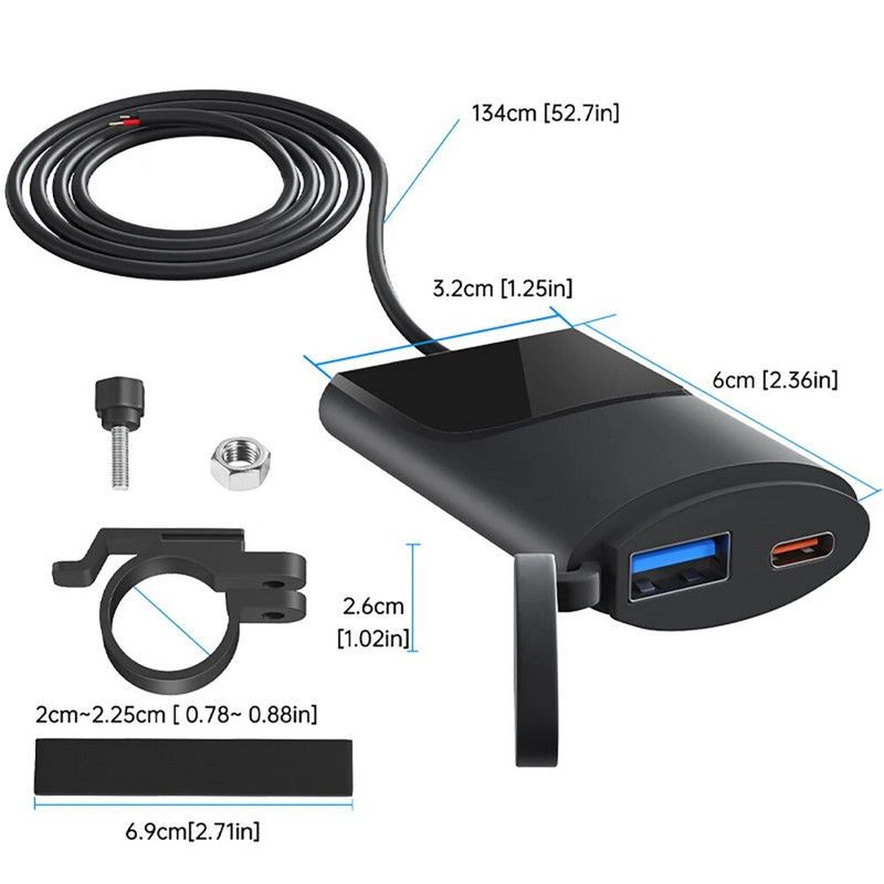 Motocikla USB tālruņa lādētājs, ūdensizturīgs 30 W USB-C PD+18 W USB-A, divu portu ātrās uzlādes lādētājs GPS viedtālruņa kamerai