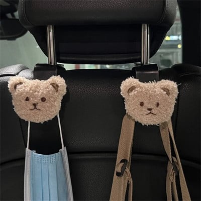 2PCS Cute Cartoon Bear Car Seat Back Hooks Storage Vehicle Headrest Organizer Hanger For Groceries Bag Handbag Car Decoration