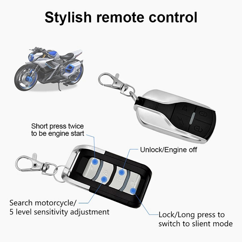 Motocikla signalizācijas sistēma 12V 125dB pretaizdzīšanas vienvirziena signalizācijas sistēma ar tālvadības dzinēja iedarbināšanu motocikla motorolleram ar 2 tālvadības pultīm