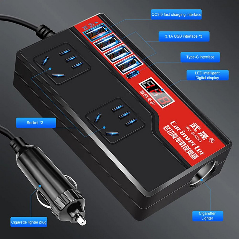 Auto toitemuundur DC 12V/24V kuni AC 220V Automaatne toitemuundur 2000W 4 USB-pordiga Pistikupesa Digitaalne ekraan Auto toiteadapterid