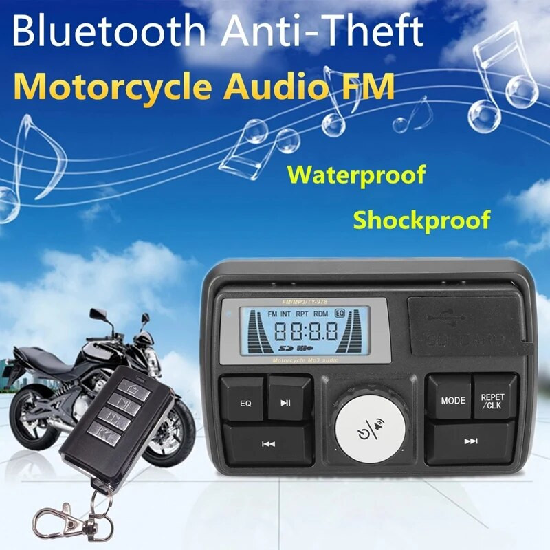 Motocikla audio MP3 radio skaņas sistēma Stereo skaļruņi Bluetooth ūdensizturīgs FM 5 EQ funkcijas LCD displejs USB/SD/TF