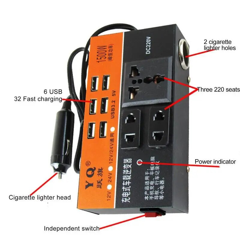1500W DC 12V 24V la DC220V Invertor de putere pentru mașină 6 porturi USB Adaptor convertor priză Încărcător automat Întrerupător cu un singur buton Multifuncțional