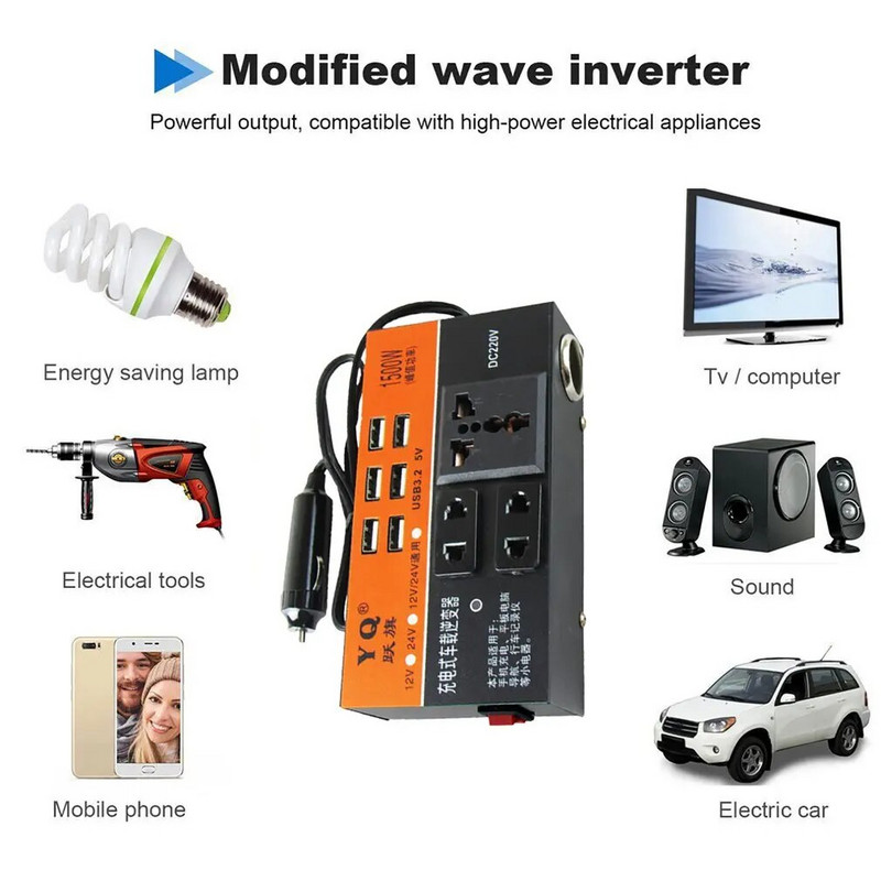 1500W DC 12V 24V la DC220V Invertor de putere pentru mașină 6 porturi USB Adaptor convertor priză Încărcător automat Întrerupător cu un singur buton Multifuncțional