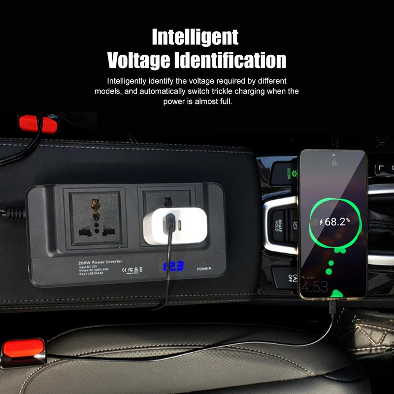 Μετατροπέας αυτοκινήτου DC 12V σε AC 220V 200W Αυτόματος μετατροπέας Type-C Φορτιστής γρήγορης φόρτισης USB Πρίζα ΕΕ Μετατροπέας ρεύματος αυτοκινήτου