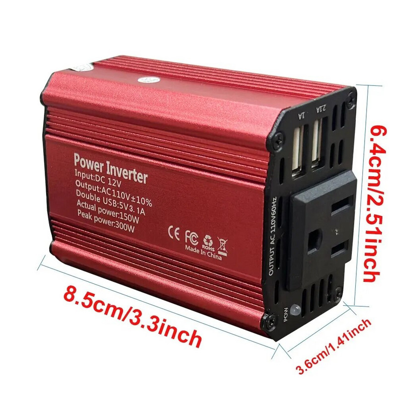 Ισχύς αιχμής 300W 150W ονομαστικής ισχύος Μετατροπέας ισχύος αυτοκινήτου DC 12V σε AC 110V Μετατροπέας προσαρμογέα αυτοκινήτου USB Βελτιωμένη υποδοχή ημιτονοειδούς κύματος ΗΠΑ