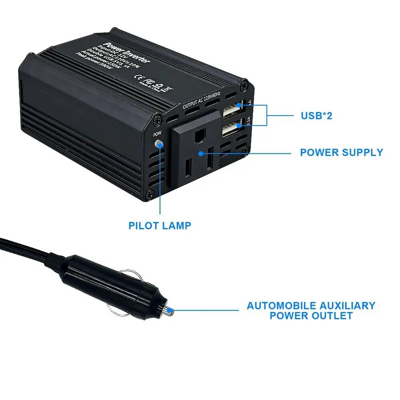 Ισχύς αιχμής 300W 150W ονομαστικής ισχύος Μετατροπέας ισχύος αυτοκινήτου DC 12V σε AC 110V Μετατροπέας προσαρμογέα αυτοκινήτου USB Βελτιωμένη υποδοχή ημιτονοειδούς κύματος ΗΠΑ