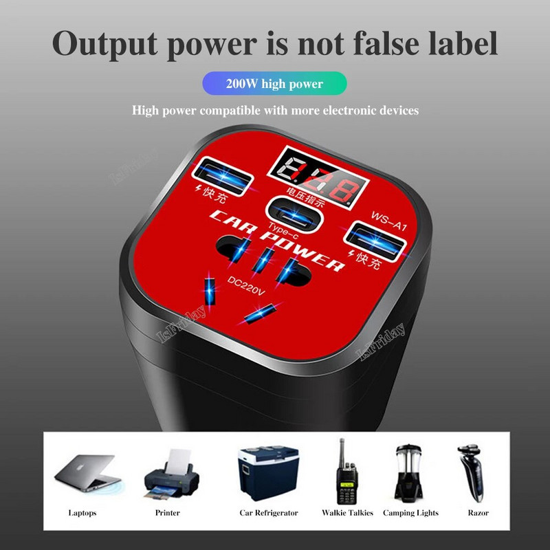 Automašīnas strāvas pārveidotājs 24V 12V 220v 200W LED displejs automašīnas izejas jauda