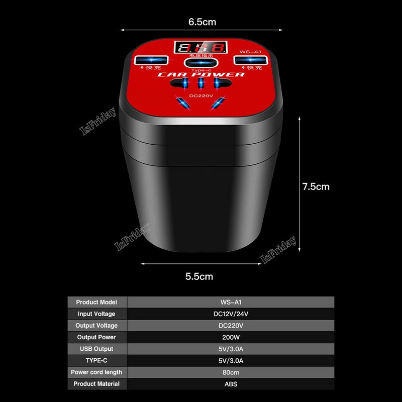Automašīnas strāvas pārveidotājs 24V 12V 220v 200W LED displejs automašīnas izejas jauda