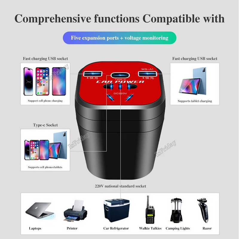 Automašīnas strāvas pārveidotājs 24V 12V 220v 200W LED displejs automašīnas izejas jauda