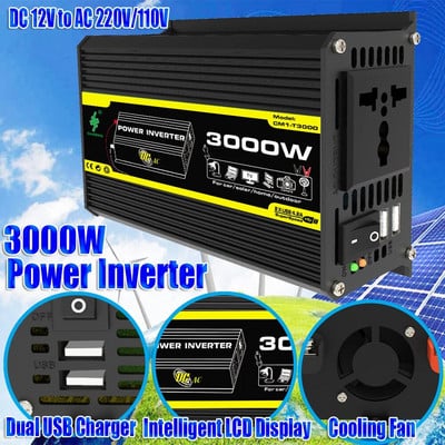 DC 12V uz maiņstrāvu 110/220V viedais strāvas pārveidotājs Dual USB auto sprieguma transformators 3000W digitālais strāvas pārveidotājs iebūvēts drošinātājs