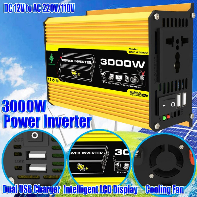 DC 12V - AC 110/220V Intelligens Power Inverter Dual USB autós feszültségtranszformátor 3000W digitális teljesítmény inverter beépített biztosíték