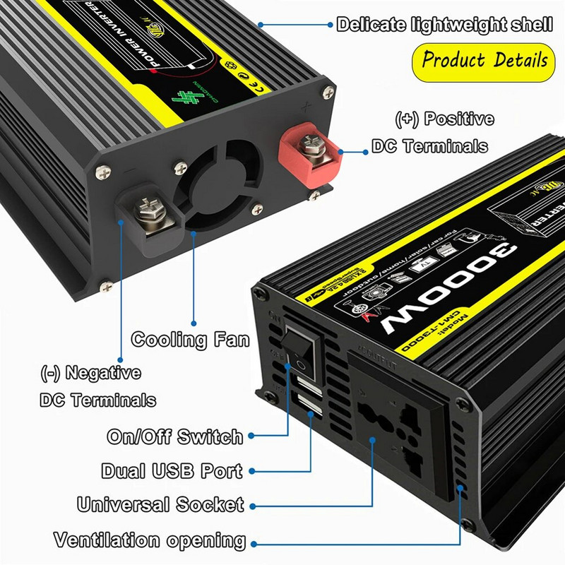 DC 12V - AC 110/220V Intelligens Power Inverter Dual USB autós feszültségtranszformátor 3000W digitális teljesítmény inverter beépített biztosíték