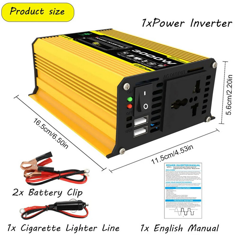DC 12V - AC 110/220V Intelligens Power Inverter Dual USB autós feszültségtranszformátor 3000W digitális teljesítmény inverter beépített biztosíték