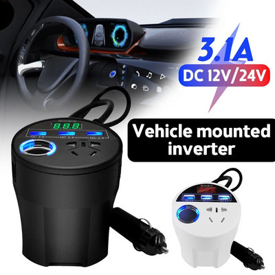 Automobilio maitinimo inverteris 24V 12v 220v 120W LED ekranas, 3 USB prievadai + cigarečių žiebtuvėlis QC3.0 inversorius 12 v 220 v fonte automotiva