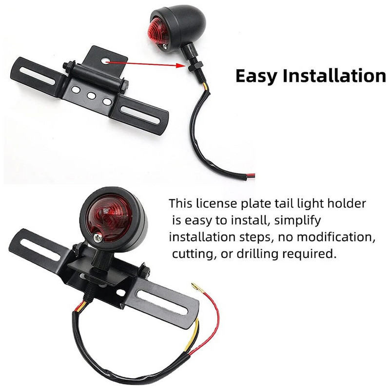 Universāls motocikla numura zīmes luktura kronšteins Retro aizmugurējā aizmugurējā luktura turētājs, regulējams salokāms motocikla numura zīmes turētājs