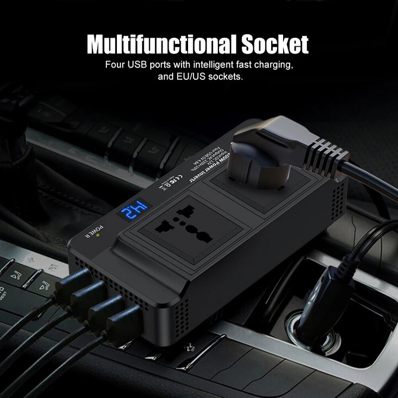 Μετατροπέας αυτοκινήτου DC 12V σε AC 220V 200W Αυτόματος μετατροπέας Type-C Φορτιστής γρήγορης φόρτισης USB Πρίζα ΕΕ Μετατροπέας ρεύματος αυτοκινήτου