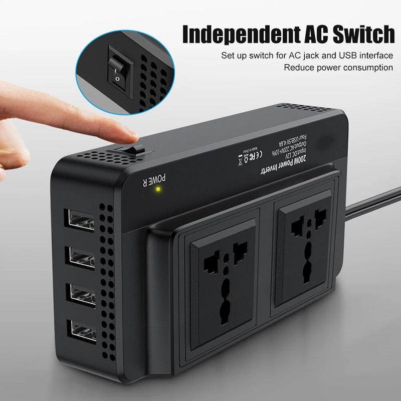 Μετατροπέας αυτοκινήτου DC 12V σε AC 220V 200W Αυτόματος μετατροπέας Type-C Φορτιστής γρήγορης φόρτισης USB Πρίζα ΕΕ Μετατροπέας ρεύματος αυτοκινήτου