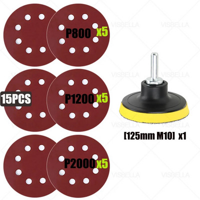8 auguga 125 mm lihvketta konksu silmus liivapaberipadjad metalli puidu poleerimiskomplektile 800/1200/1500/2000/3000/5000 #