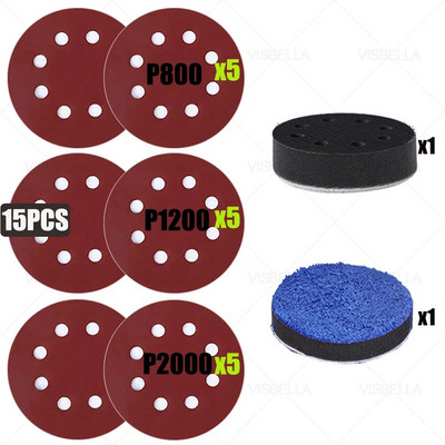 8 auguga 125 mm lihvketta konksu silmus liivapaberipadjad metalli puidu poleerimiskomplektile 800/1200/1500/2000/3000/5000 #