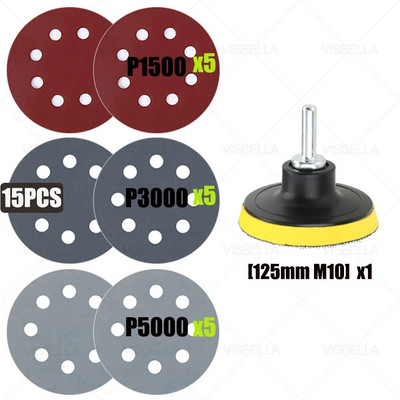 8 auguga 125 mm lihvketta konksu silmus liivapaberipadjad metalli puidu poleerimiskomplektile 800/1200/1500/2000/3000/5000 #