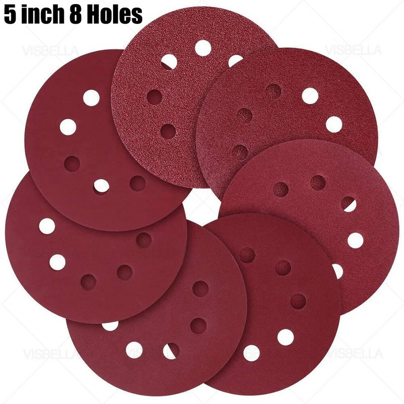 8 skylių 125 mm šlifavimo disko kabliuko kilpos švitrinio popieriaus trinkelės metalo medienos poliravimo rinkiniui 800/1200/1500/2000/3000/5000 #