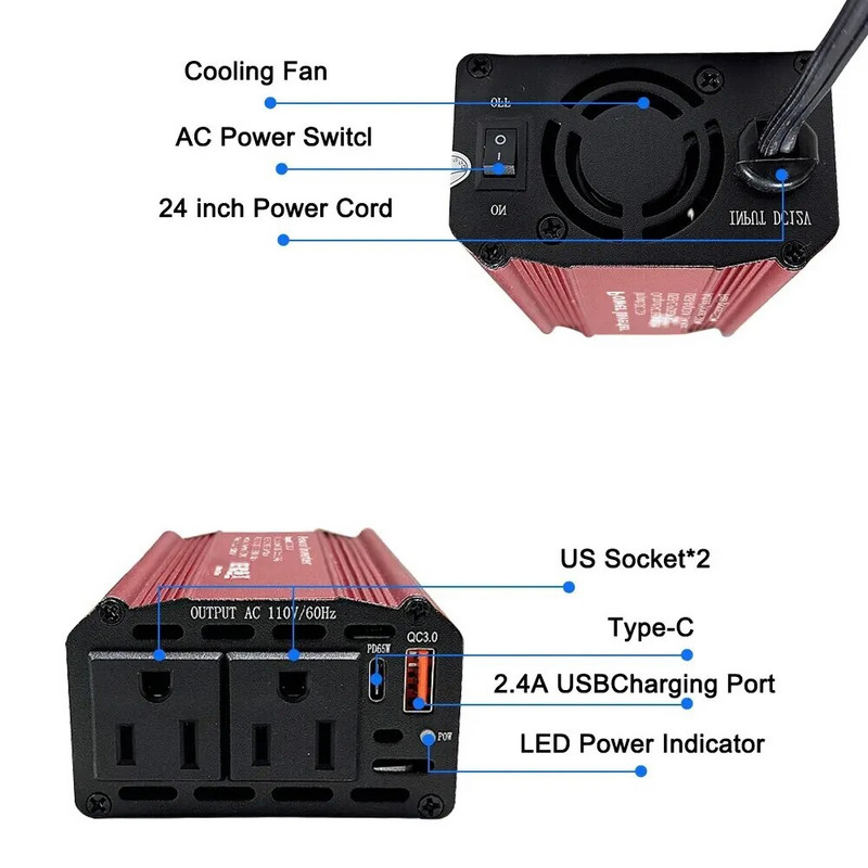 SZSSTH Automobilski pretvarač 600W modificirani sinusni automobilski pretvarač s dvostrukom američkom utičnicom Energetski transformator visoke izlazne snage Brzi tip-C QC3.0