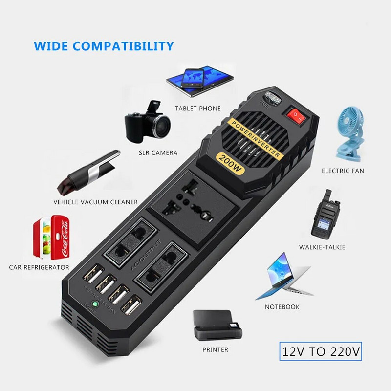 Invertor auto Adaptor DC 12V la AC 220V Priză încărcător 200W Convertor de putere automată USB Telefon mobil Încărcare rapidă Invertor pentru vehicul