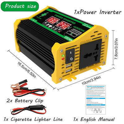 4000W Μετατροπέας αυτοκινήτου 12V σε 220V/110V Έξυπνος μετατροπέας οχήματος LCD Οθόνη Sine Inverter Transformer Τροφοδοτικό έξυπνου αυτοκινήτου διπλού USB
